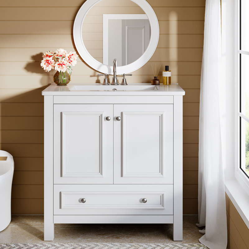30" Solid Wood Frame Freestanding Bathroom Vanity with Sink, Door Organizer, White, 30"