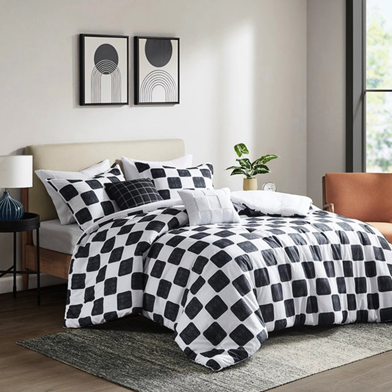 Édredon moderne à carreaux double / grand moderne, comprend 2 taies décoratives, coussins décoratifs, lavables, lavables, lavables, lavables à la machine
