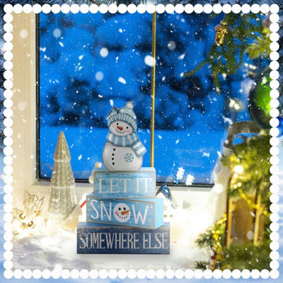4 morceaux de plateau à étages en bois représentant un bonhomme de neige | Décoration hivernale rustique avec blocs empilés, citation « Que la neige tombe ailleurs », pour étagères, cheminées et tables.
