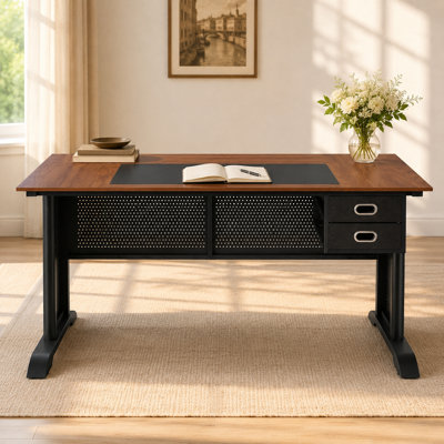Bureau de direction industriel 63 po, bureau d'écriture d'ordinateur pour bureau à domicile, poste de travail avec cadre en acier renforcé (brun rustique et noir)