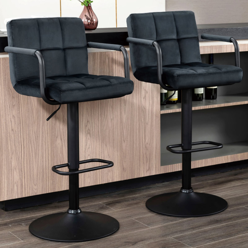 Mid-Century Modern Adjustable Height Swivel Low Back Velvet Upholstered Barstools with Metal Frame, Black