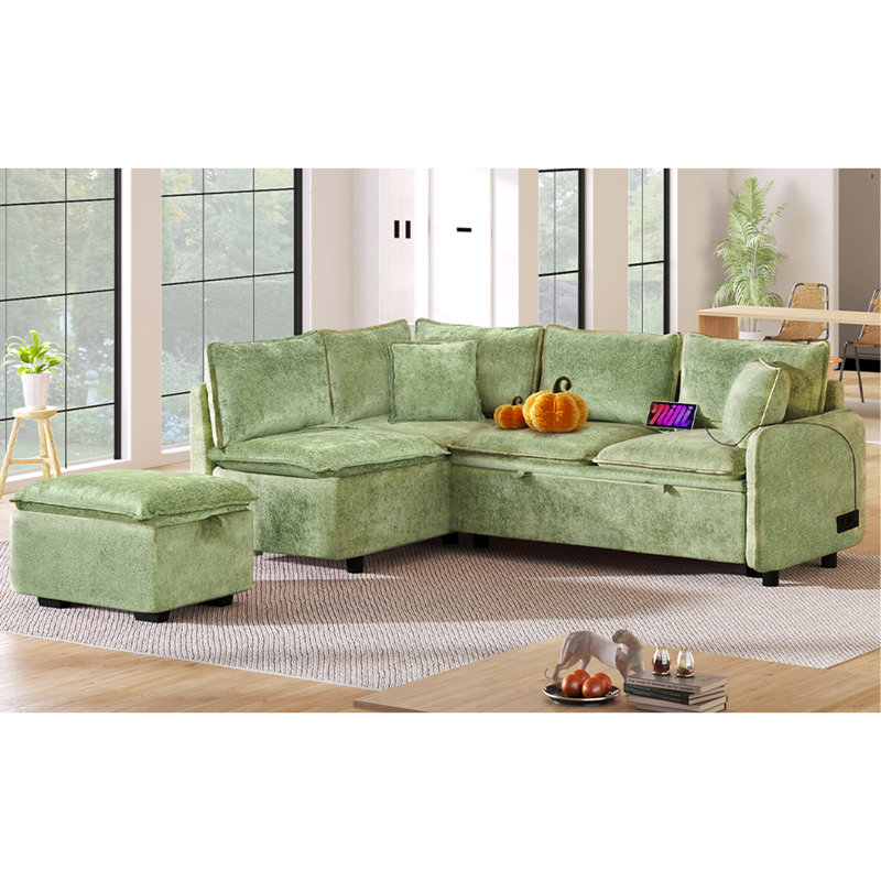 Canapé-lit modulaire convertible avec repose-pieds et coussins de rangement Davis, Chenille verte