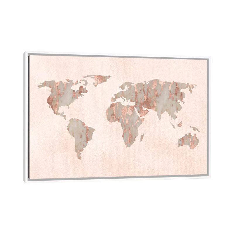 «World Map Rose Gold», reproduction sur toile flottante, H 40 po x l 60 po x 1,5 po, Toile blanche encadrée