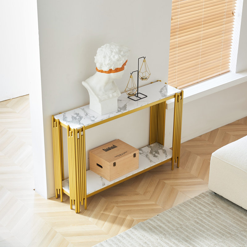 Console à 2 niveaux en faux marbre avec métal noir et or, idéale pour la décoration moderne et un rangement efficace, Doré