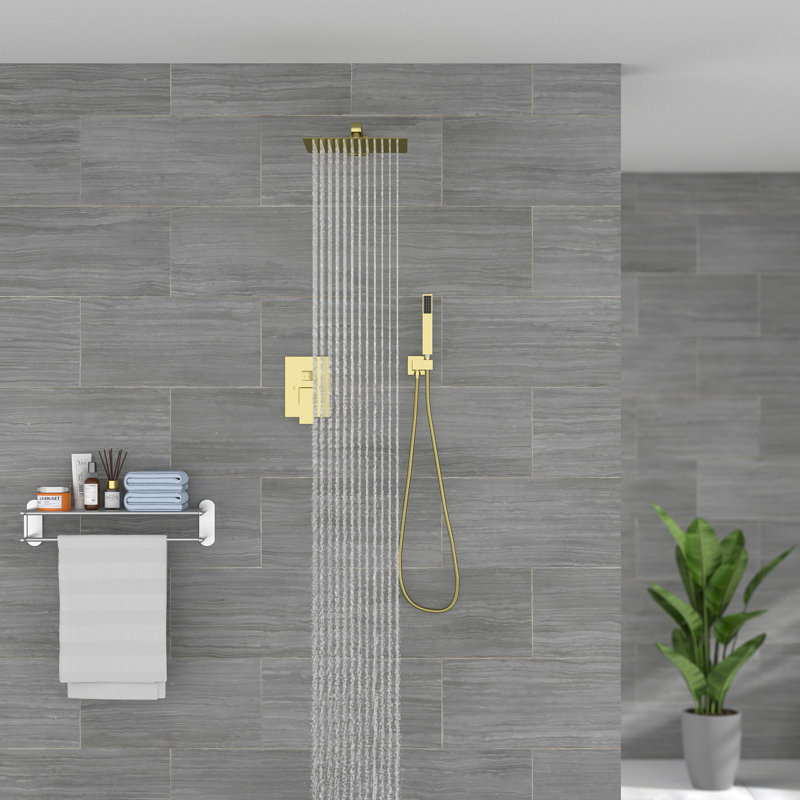 Wall Mounted 12" Rainfall Shower Head with Handheld Shower and Rough-in Valve, Brushed Gold