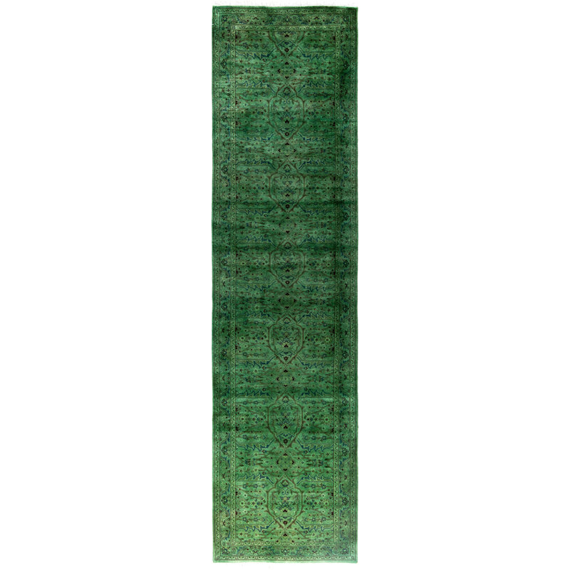 Overdyed Hand-Knotted Wool Modern-Contemporary Green Runner 2' 7" x 10' 3"