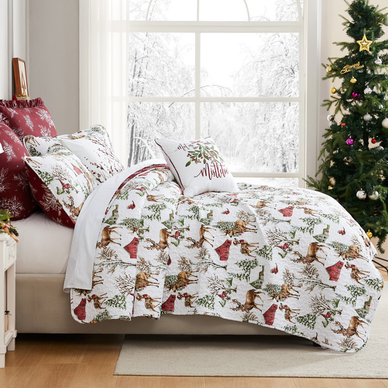 Ensemble de literie réversible Southshore Fine Linens White Christmas, 7 pièces, comprenant 1 courtepointe, 2 taies d'oreiller king, 2 taies d'oreiller carrées, 1 coussin décoratif et 1 housse de coussin, taille king/california king