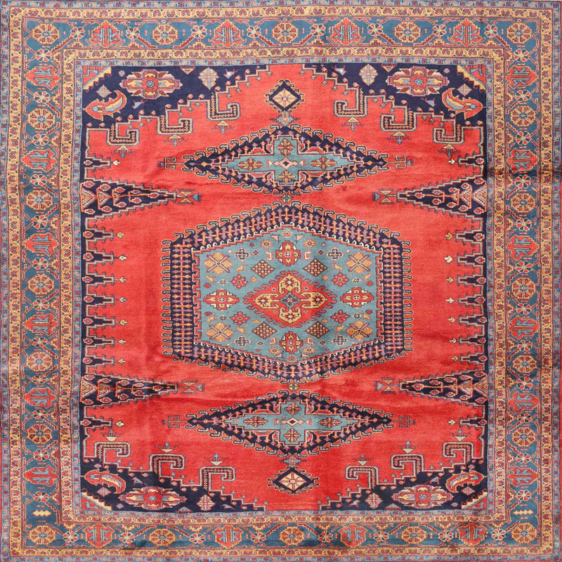 Tapis rouge/bleu/brun traditionnel Forteau, Carré 5 pi