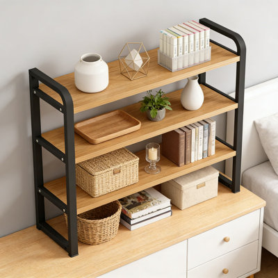 Organisateur de bureau avec cadre en métal, bibliothèque de bureau en bois à 3 niveaux pour le rangement des fournitures de bureau, support pour écran et décoration de bureau personnel