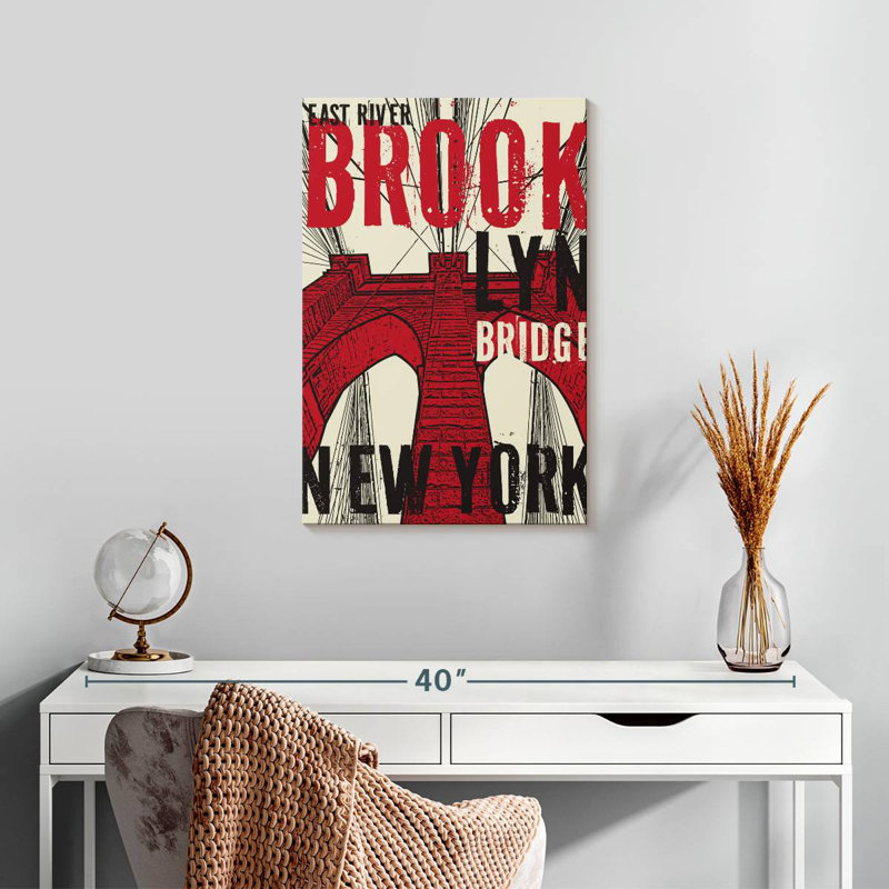 Aime Red Grunge Brooklyn Bridge, 24" H x 16" W