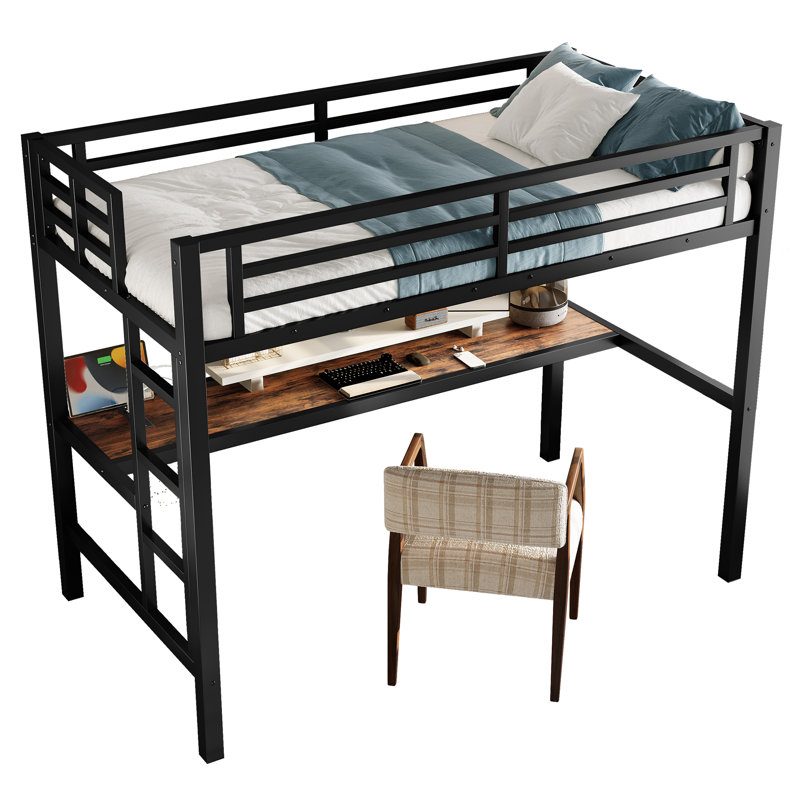 Metal Twin Size Loft Bed With Power Outlet And LED Lighted, Space-Saving, Noise Reduced, Black, Twin