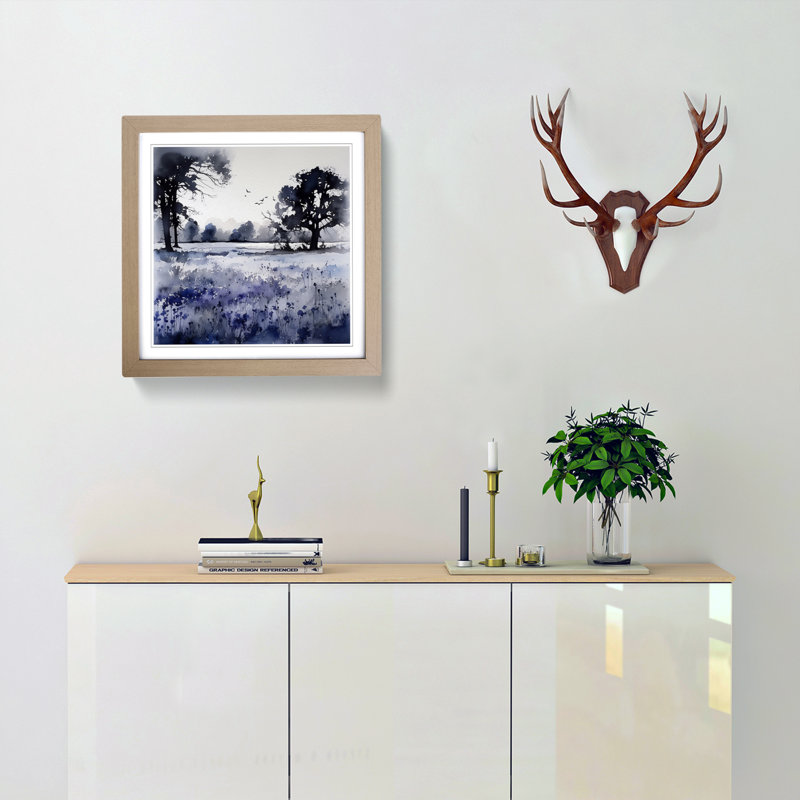 Bluebell Field Ink Wash - Framed Print, Oak