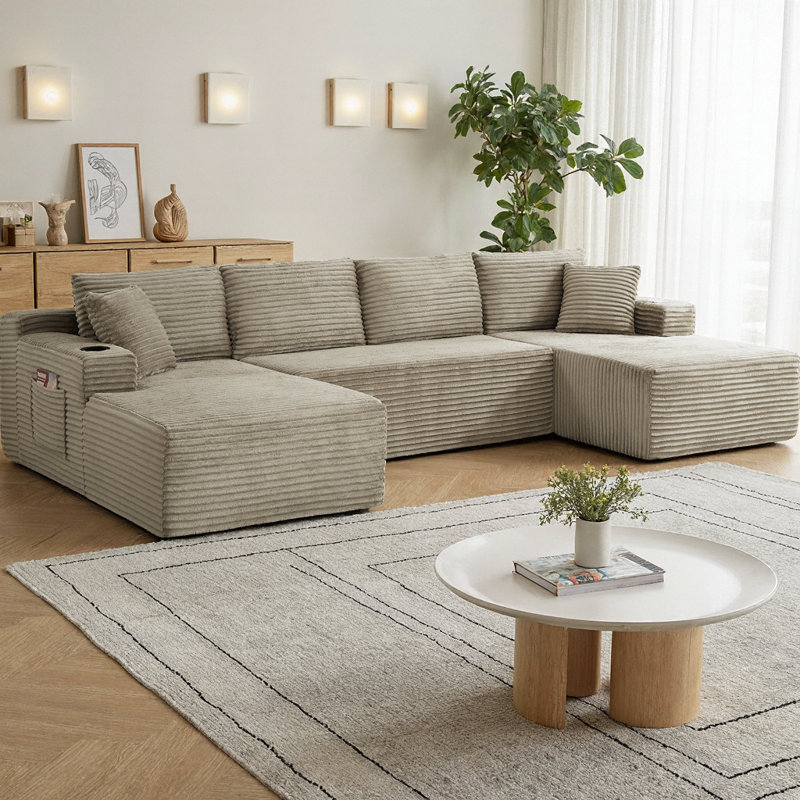 Canapé modulaire compressible en forme de U avec méridienne et rangement, canapé modulaire de style minimaliste pour le salon, canapé en velours côtelé 6 places, aucun assemblage requis