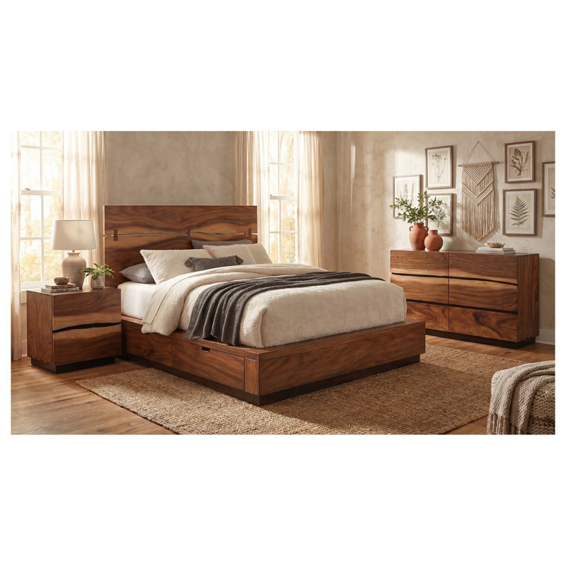 Ensemble de chambre à coucher 3 pièces Ashcombe en noyer fumé, format King, comprenant un lit plateforme de rangement, une commode et une table de chevet.