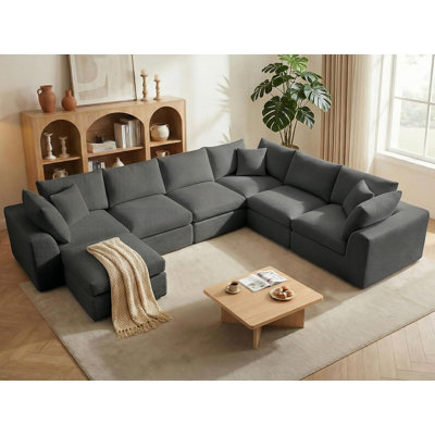 Benazcap Oversized Cloud Sectional Couches For Living Room, L-shaped Convertible Sofa, 7-seat Modular Boneless Couch With Movable Ottoman, Darkgrey