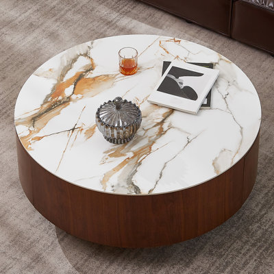 Table basse ronde moderne en faux marbre de 35,4 po avec placage en noyer massif classique et 2 tiroirs de rangement inclus pour le salon.