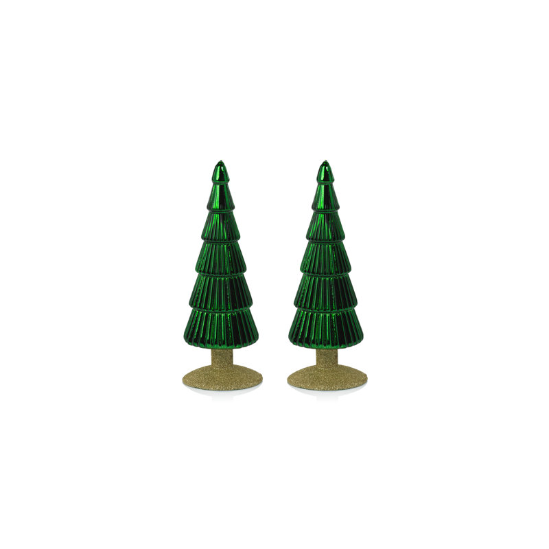 Arbre en verre rouge classique Dembe sur base de paillettes dorées, ensemble de 2, H 9,5 po x l 3,5 po x P 3,5 po, Vert/doré