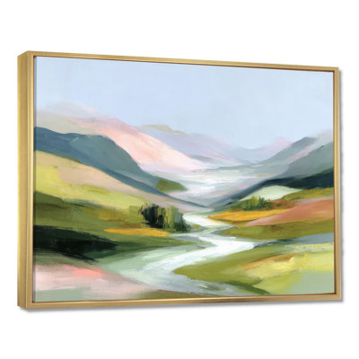 «Green and Pink Winter Mountain and Lake Scenery - Mountains Wall Art, Green Landscape», reproduction d'art sur toile