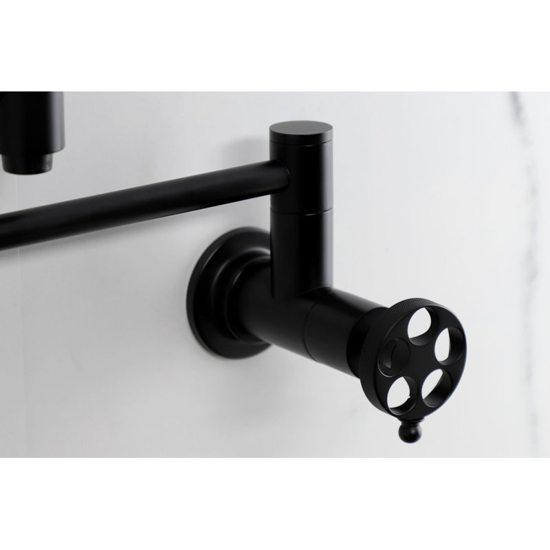 Kingston Brass Wendell Two-Handle 1-Hole Wall Mount Pot Filler Faucet with Knurled Handle, Matte Black