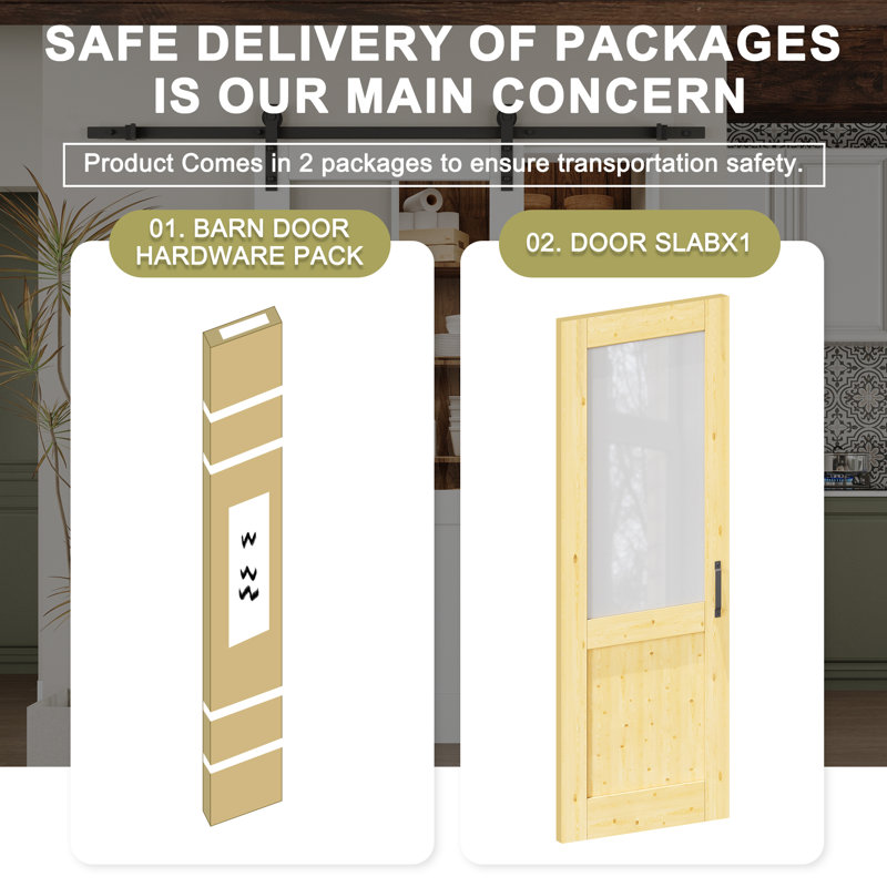 Solid Pine And Frosted Glass Sliding Barn Door With Installation Hardware Kit(No Assembly Required), 28" x 80"