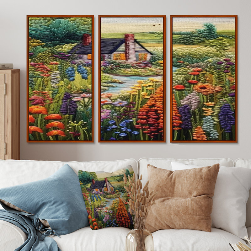 Ensemble de salon Blossoming Flowers Country House River Wool - campagne, Cadre flottant brun, H 32 po x l 48 po x P 1 po