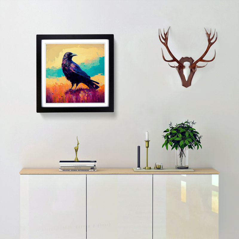 Crow Color Field Painting - Single Picture Frame Print on Wood, Black