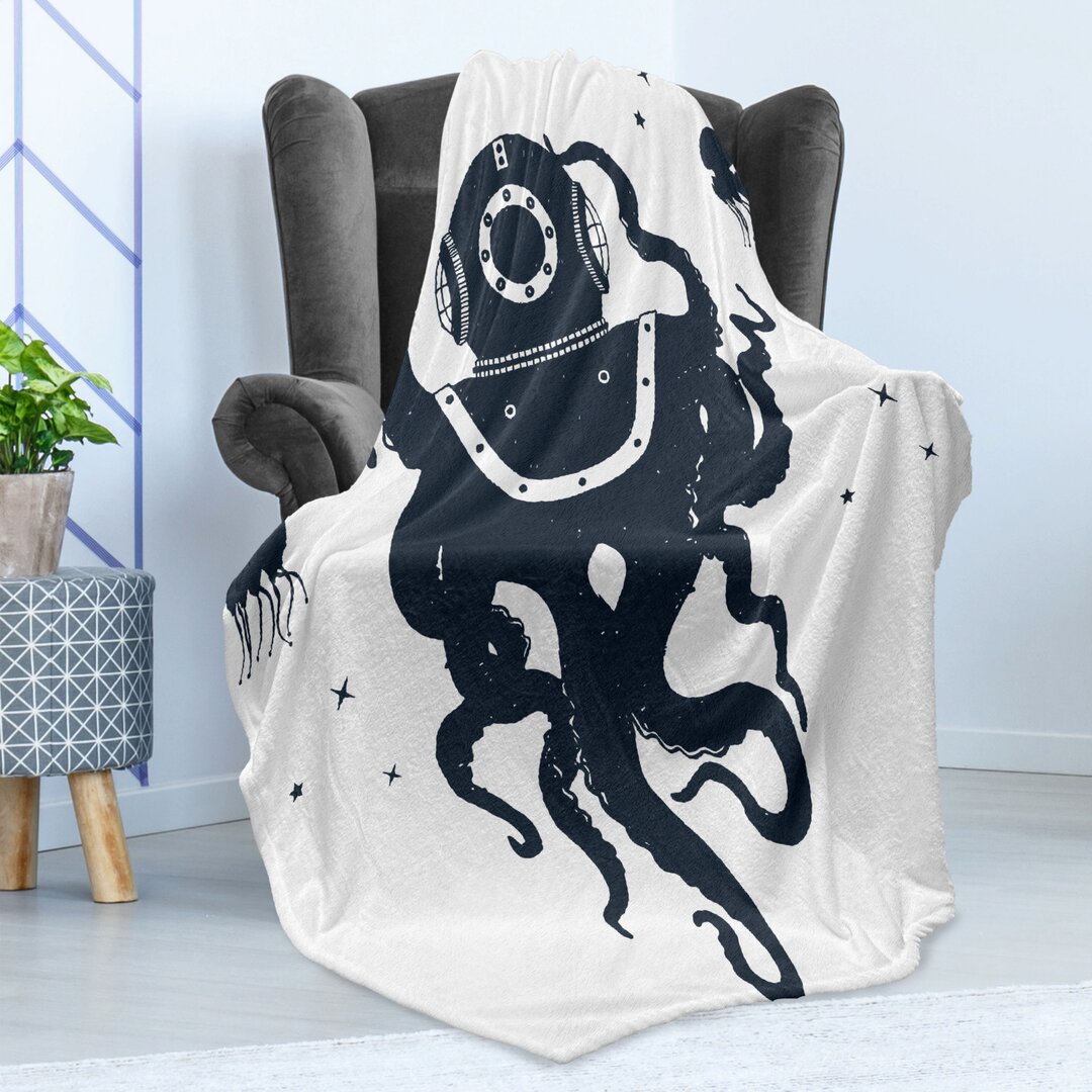 Weich Flanell Fleece Decke, Octopus-Kostüm, Vintage Nautical Tattoo, Dunkelviolett Blau Weiß