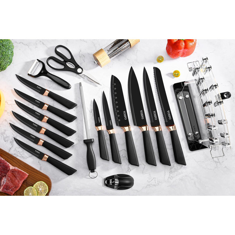 Knives Set with Acrylic Stand, 17Pcs Stainless Steel Knife Block Set  includes Serrated Steak Knives Set, Chef Santoku Knives, Scissor, Sharpener  and