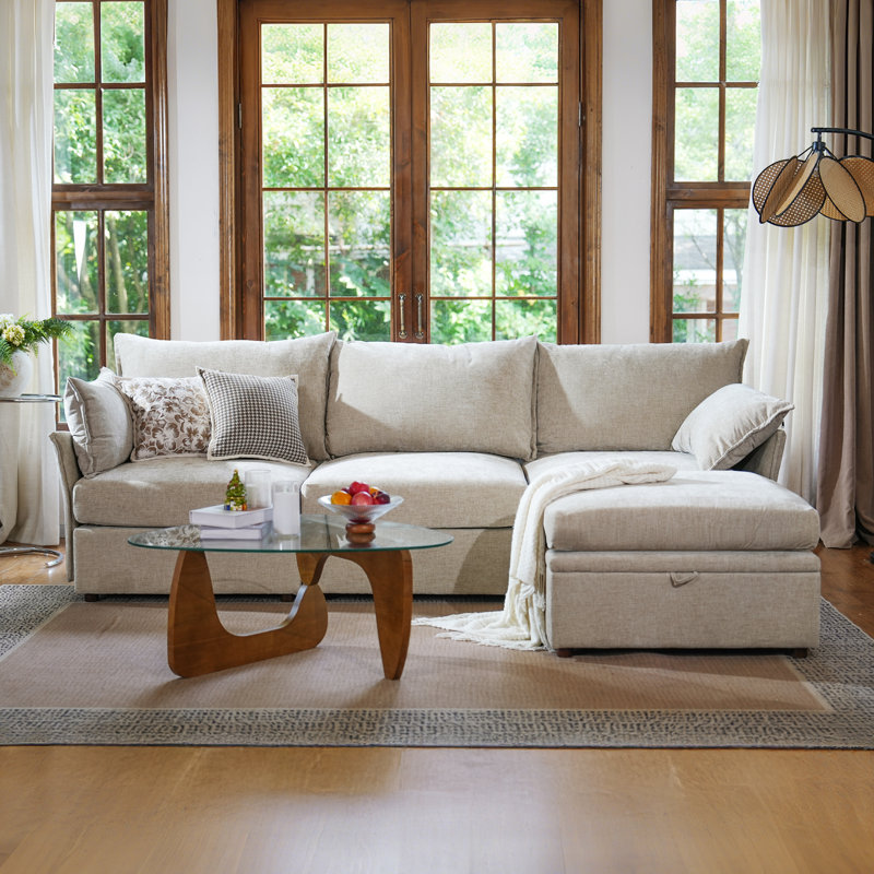 Merchelle 103' Wide Reversible Modern Modular Sectional Sofa With Storage Ottoman -Premium Chenille Fabric, Beige Chenille