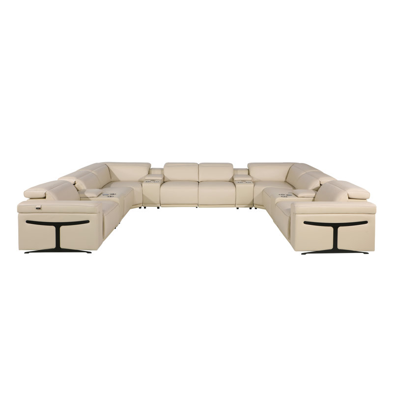 Stanwinn 12 – Piece 4 Power Reclining Top Grain Italian Leather Sectional with Power Headrest, Beige Genuine Leather