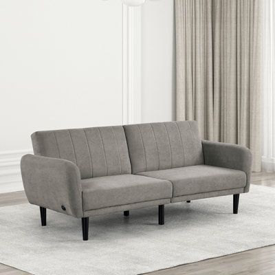 Futon convertible gris transitionnel au design contemporain, 2 places, avec dossier cannelé, accoudoirs souples et chargeurs, sièges de coussin de siège modernes en bois d'hévéa en tissu, ports A et C, en bois