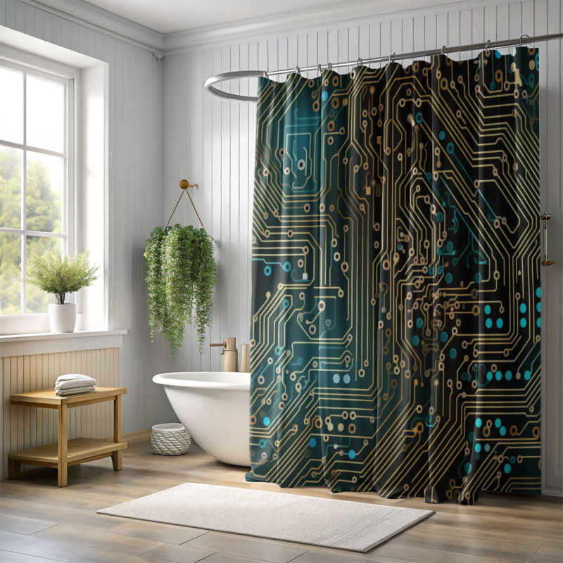 Circuitry - Rideau de douche Premium, H 74 po x l 71 po, Teal/Gold, Tech Art