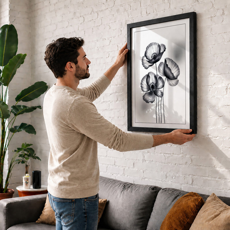 Poppies in Ink Botanical - Framed Print, Walnut, A1 - 84.1 x 59.4 cm