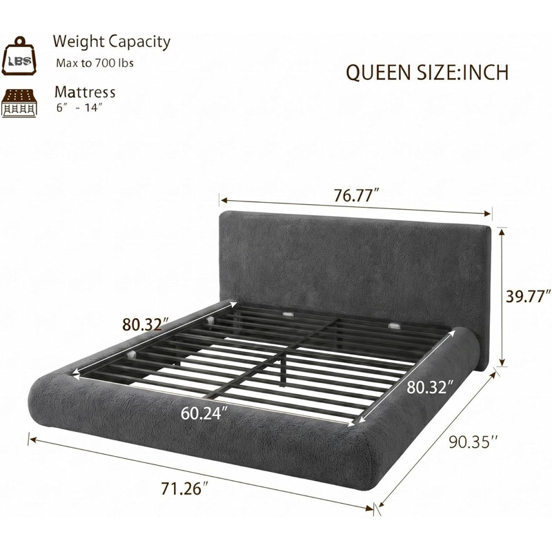 Structure de lit avec tête de lit tapissier, lit plateforme Cloud moderne, Grand lit, Gris