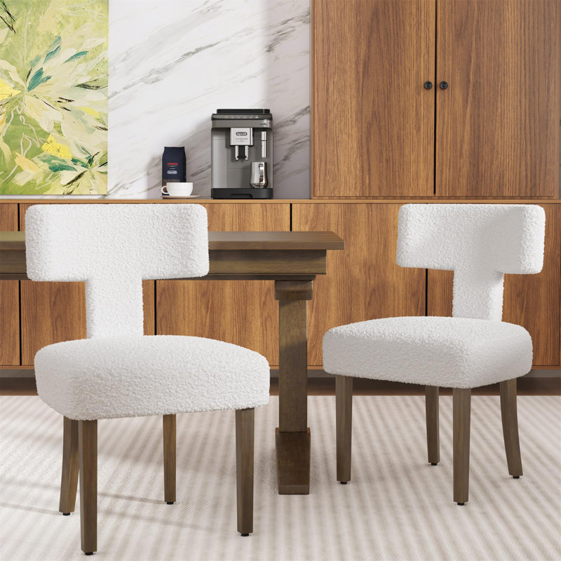 Boucle Lamb T-Shape Dining Chairs Side Chairs (Set of 2), Beige