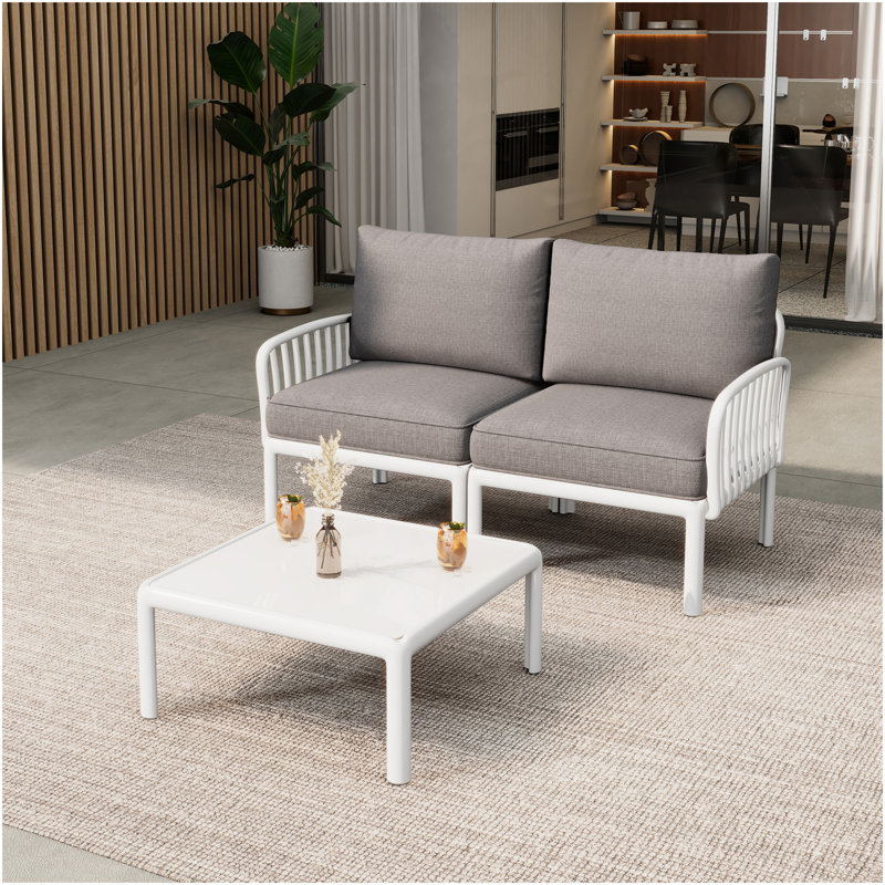 Ensemble de conversation pour patio 3 pièces, ensemble de mobilier modulaire d'extérieur moderne avec table basse carrée, coussin épais et imperméable pour porche, balcon, blanc et gris clair