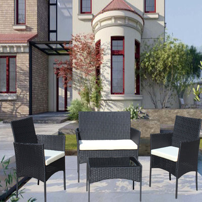 Ensemble de 4 meubles d'extérieur en rotin pour canapé avec coussin en osier (coussin beige)