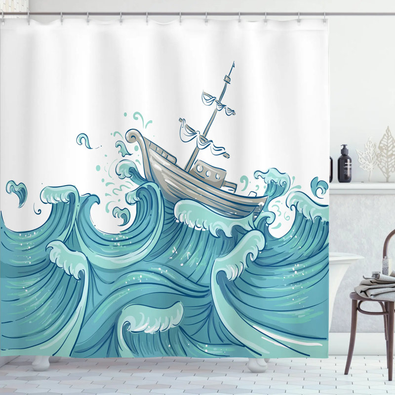 Rideau de douche simple décoration nautique à ondes géantes, H 69 po x l 105 po