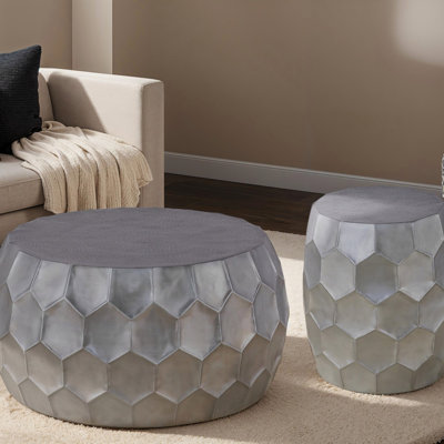 Modern Contemporary Round Aronson Material 32" Coffee Table And 21"Height End Table Set 2PC Tables With Glossy Diamond-Patterned Base, End Table