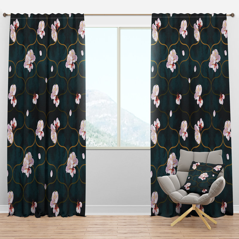 Panneau de rideau simple rétro semi-diaphane avec motif floral rétro II - Mid-Century, l 52 po x L 90 po