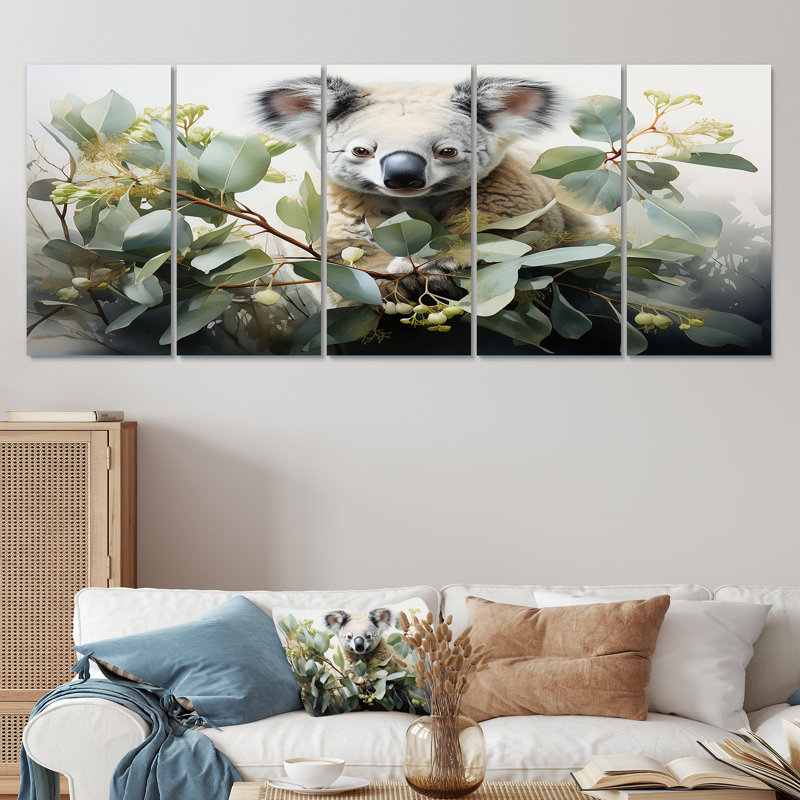 Ensemble de 5 décorations murales aquarelle Koala Tree Observer III - Koala, H 32 po x l 80 po