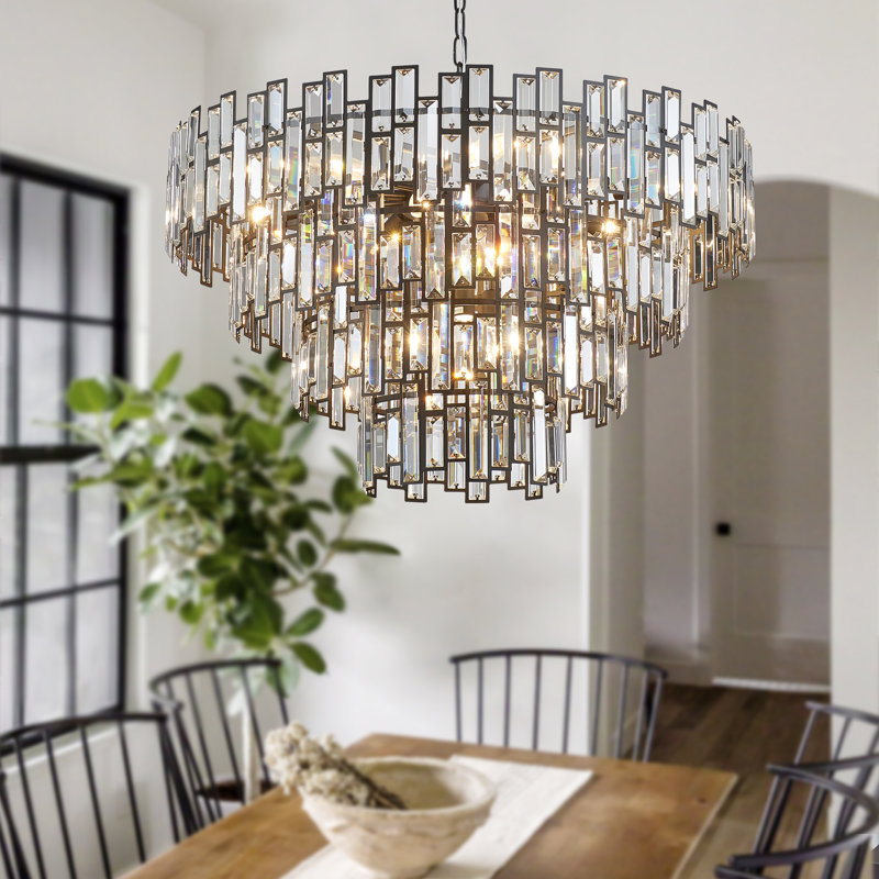 15-Light Crystal Dimmable Tiered Chandelier, Matte Black