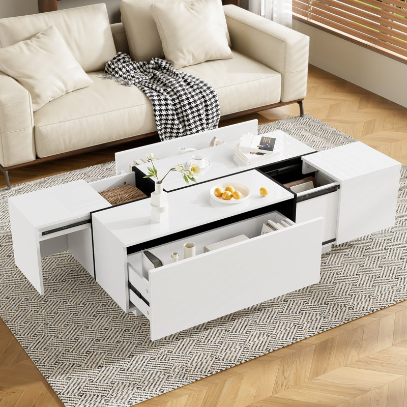 Table basse extensible, multifonctionnelle avec finition ultrabrillante, rangement caché et 2 tiroirs pour le salon | Idée de cadeau
