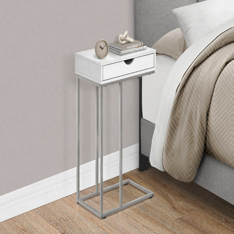 Table d'appoint latérale avec tiroir en stratifié blanc et métal gris en forme de C, 24" H x 15.75" W x 9.45" D, White/Silver