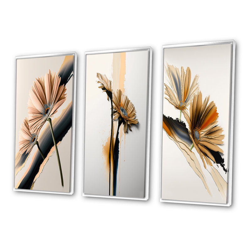 «Hyperrealistic Gerbera Flowers», 3 pièces sur toile, Blanc, H 32 po x l 48 po