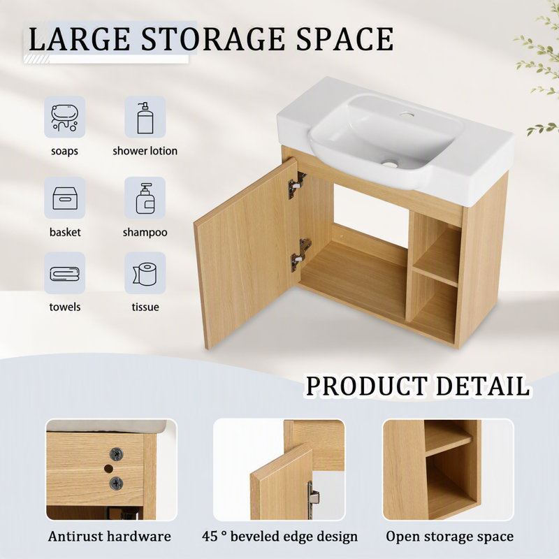 Meuble-lavabo mural 24 po avec lavabo en céramique blanche et porte à fermeture en douceur, emballage KD, chêne clair, 24"