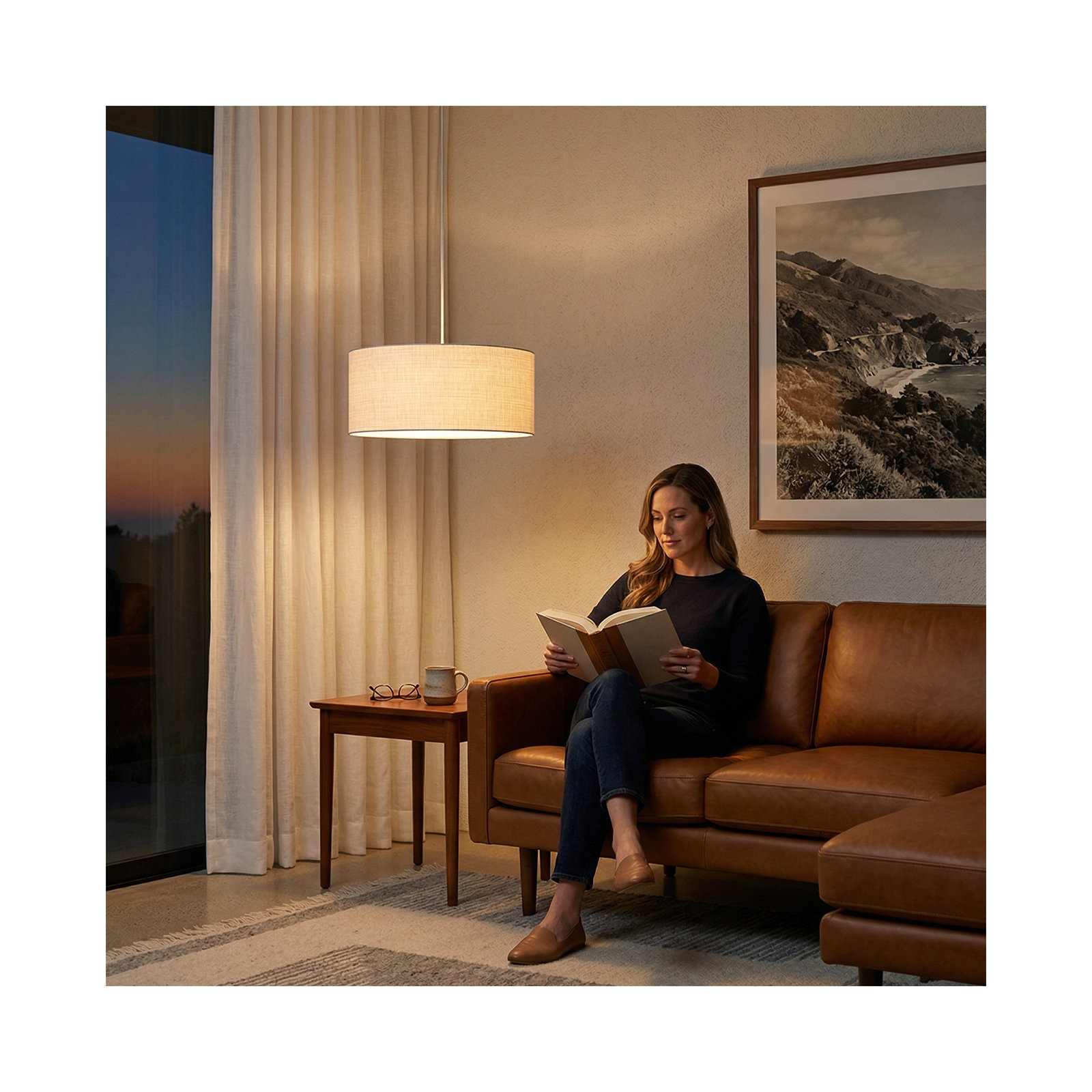Stretch Pendant, 22" White Linen Drum Shade, Satin Nickel, Dimmable, Cashmere Gray