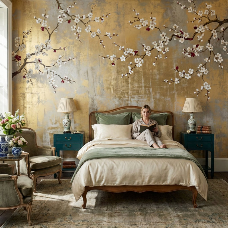 Papier peint chinois doré à motif floral amovible, 140"x108", Peler et coller