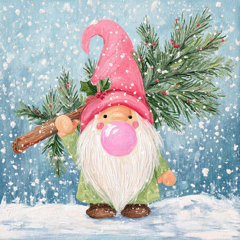 «Pink Hat Winter Gnome», art mural sur toile tendue, H 20 po x l 20 po