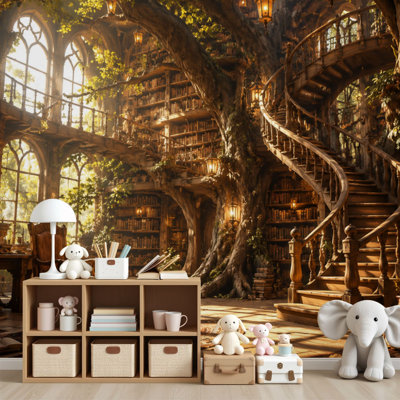 Peel and Stick Wallpaper Fantasy Treehouse Bookshelf Vintage Fairy Tree Ancient Library Tree Wall Murals 69"H x 96"W Removable PVC Wall Paper Self-Adhesive Wall Decor for Bedroom Living Room Home Office